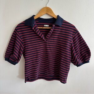 Navy and Red Striped Collared Puff Sleeve Top
